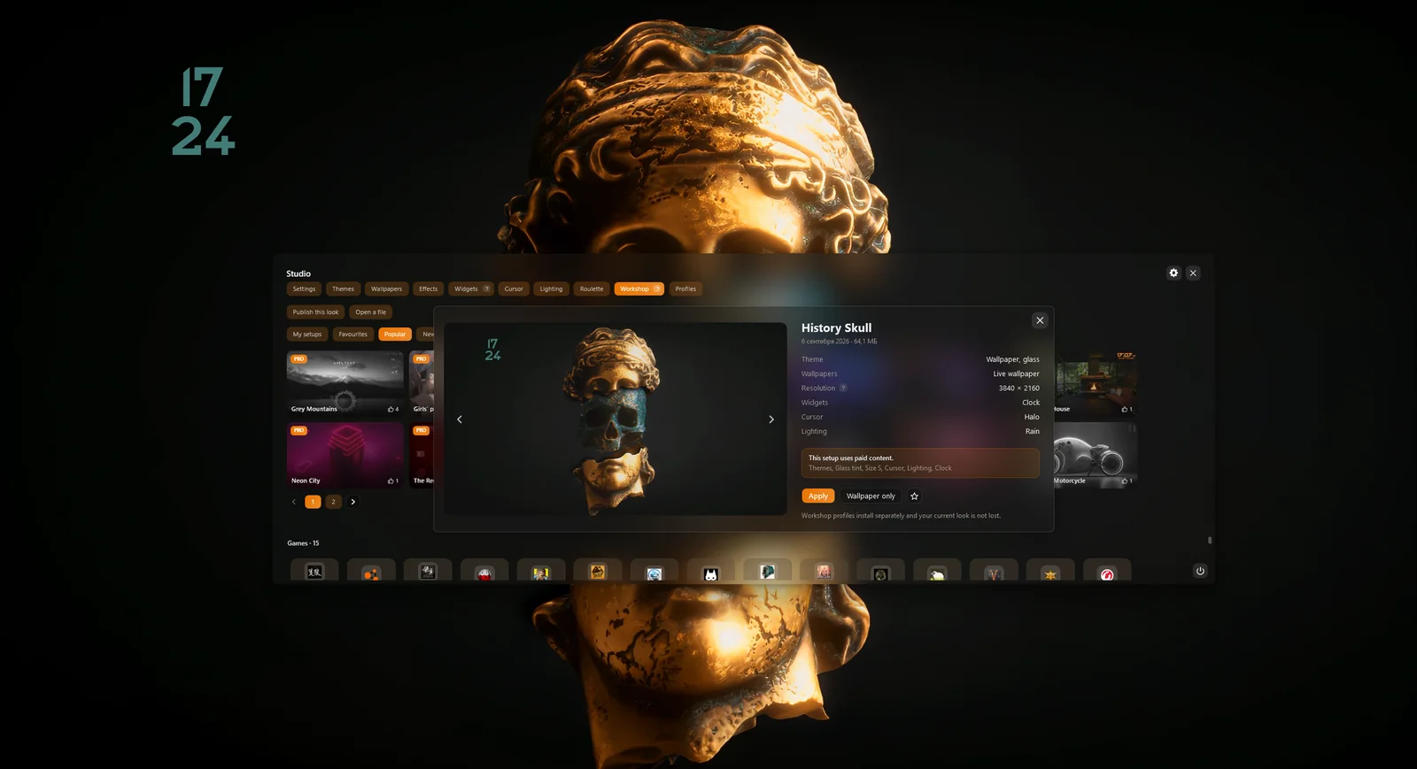 A setup card in the Vealo Workshop: desktop preview, contents and the Apply and Wallpaper only buttons